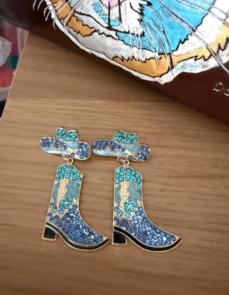 Boucles d'oreilles pendantes en strass Cowboy Boot/Festival, Enlèvement ou Envoi, Bleu, Neuf, Puces ou Clous