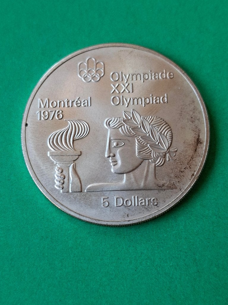 1974 Canada 5 dollar argent flamme & athlète JO Montréal '76, Envoi, Amérique du Nord, Monnaie en vrac, Argent