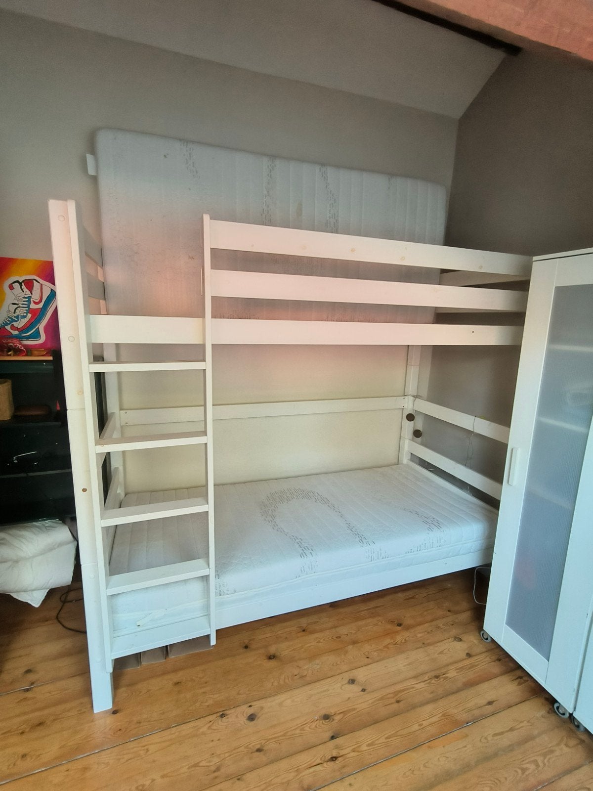Lits superposés en bois blancs avec matelas Bultex utilisés, Enlèvement, Lits superposés