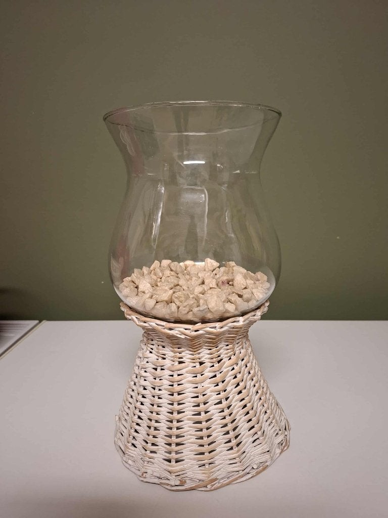 kaarsenhouder met witte rieten voet, Wit, Ophalen of Verzenden, Kandelaar, Glas