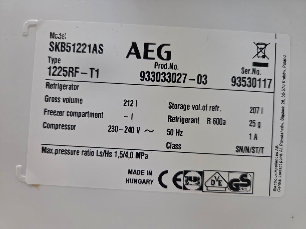 AEG inbouwkoelkast 125 hoogte, Elektronische apparatuur, Ophalen, 120 tot 140 cm, 200 liter of meer, 45 tot 60 cm