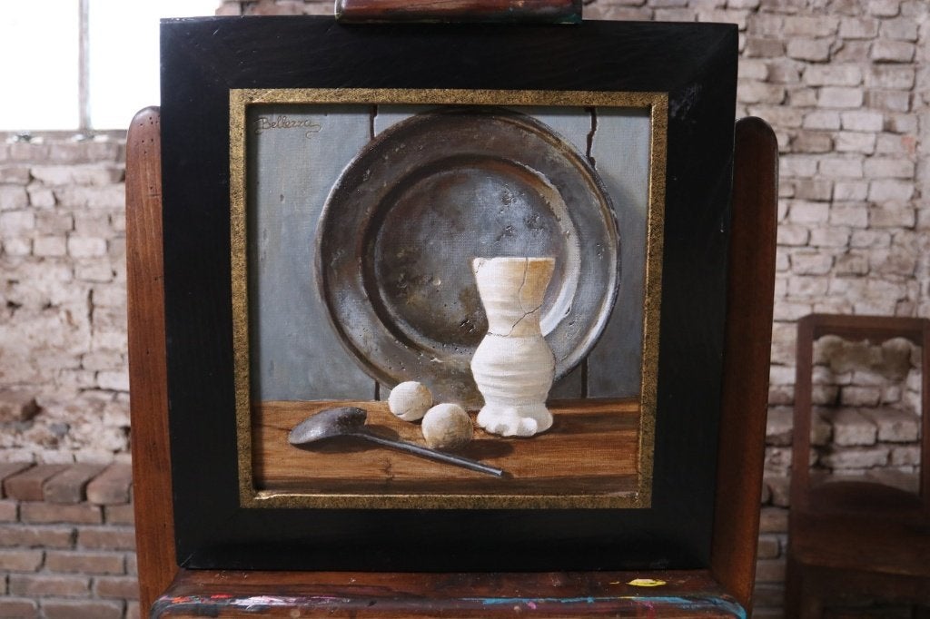 Stilleven tinnen schotel, Jacobakannetje – M. van den Berg, Antiquités & Art, Textile, Signé, Peinture acrylique, Enlèvement