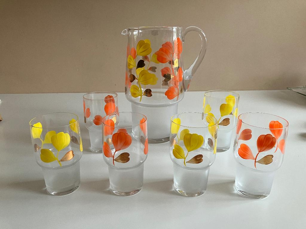 Vintage glazen (limonade) set met kan, Verzamelen, Ophalen of Verzenden