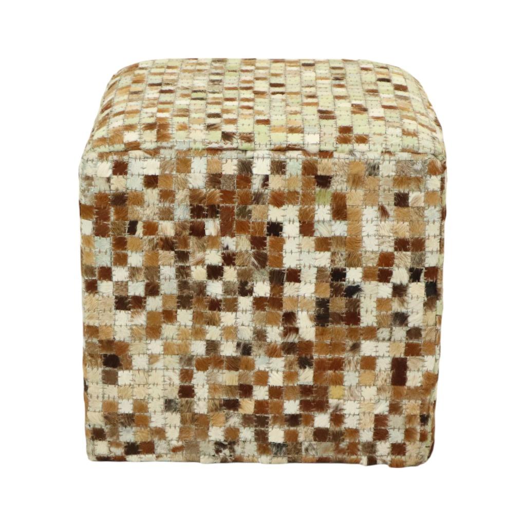 Vintage Vierkante Poef Geitenleer Patchwork Mozaïek Patroon, Minder dan 50 cm, Gebruikt, Vierkant, Minder dan 50 cm