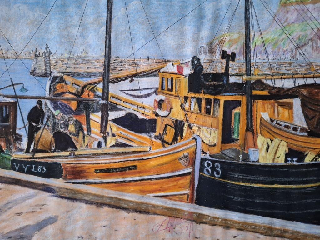 Schitterende pastel Vissersboten in een zonnige haven, Antiquités & Art, Art | Peinture | Moderne, Enlèvement ou Envoi, Signé