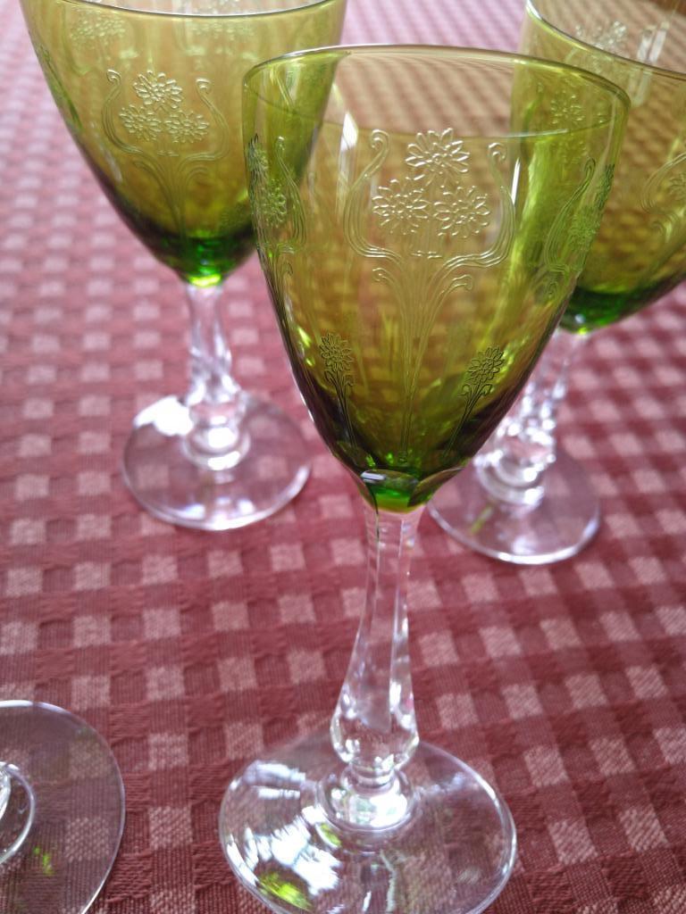 5 verres Val Saint Lambert colorés vert et gravés - Héritage, Enlèvement ou Envoi