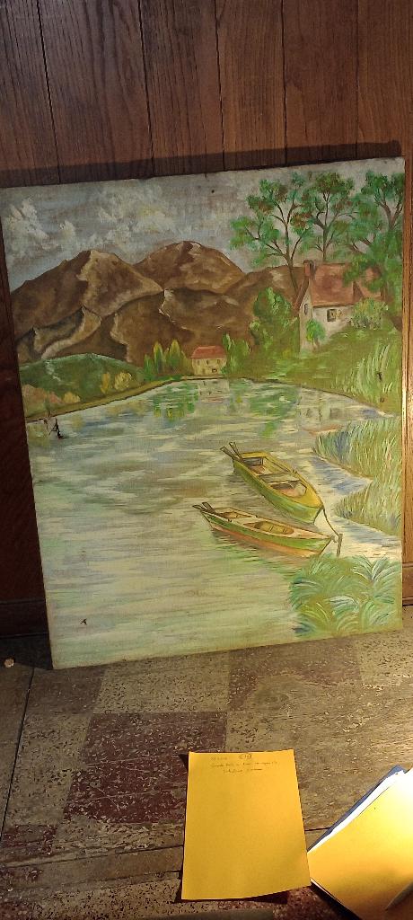Grote antieke olieverf op stof, te restaureren, 86x110, n630, Ophalen