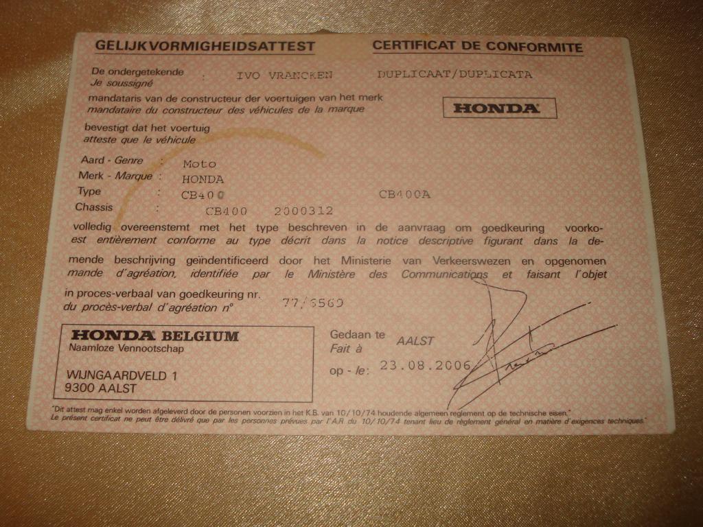Ancien Certificat Conformité Moto Honda CB400 2006, Enlèvement ou Envoi, Honda