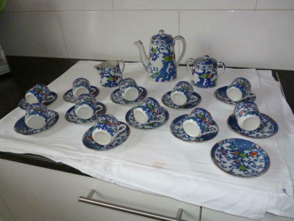 service à café japonais vaisselle service blanc bleu doré, Enlèvement ou Envoi, Utilisé