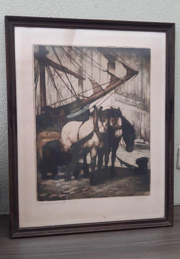 Grote ets van Kurt Peiser, "Trekpaarden in de haven" E A, Ophalen, Ets