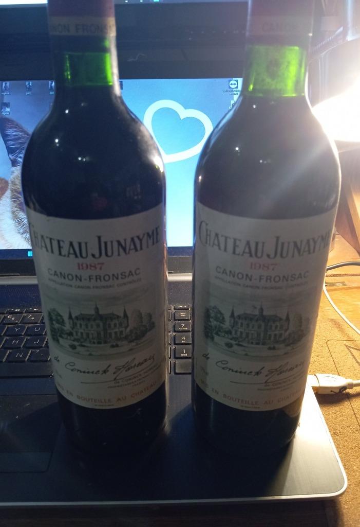2 flessen chateau junayme canon fronsac 1987 rood, Verzamelen, Wijnen, Verzenden, Frankrijk, Rode wijn