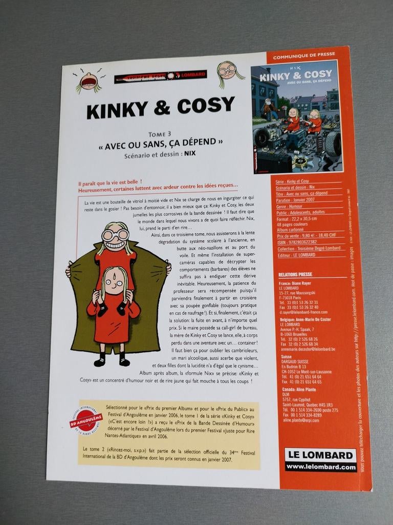 Communiqué de presse Kinky & Cosy, Une BD, Enlèvement ou Envoi, Comme neuf
