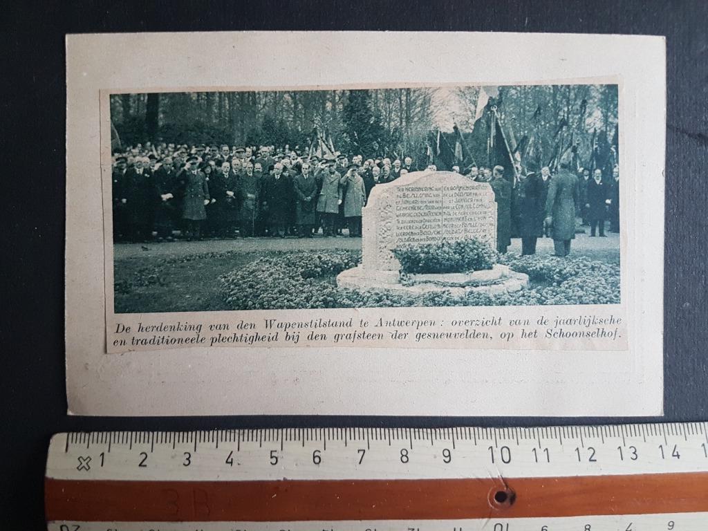Knipsel op postkaart: Wapenstilstand Antwerpen Schoonselhof, Verzamelen, Verzenden, Landmacht, Foto of Poster