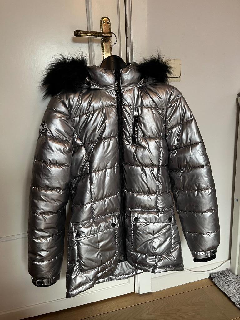 Manteau doudoune argenté sombre à capuche - 14/16A, Enlèvement, Neuf, Fille, Manteau
