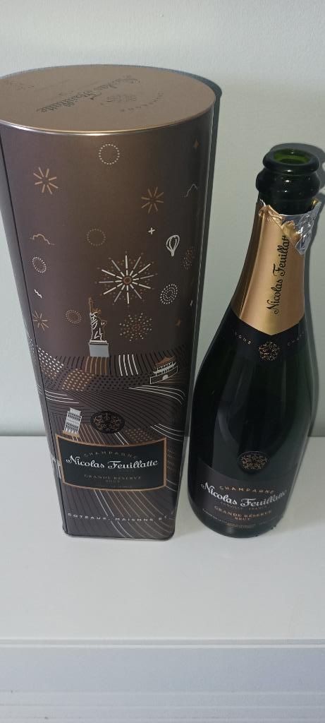 Lege fles Champagne Nicolas Feuillatte met blik, Verzenden, Zo goed als nieuw, Verpakking