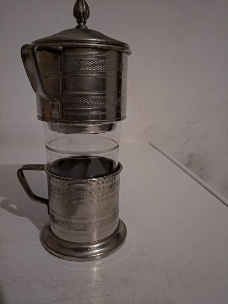 KOFFIE / THEE INFUS MET GLAS VERZILVERD NIKKEL, Antiek en Kunst, Ophalen of Verzenden
