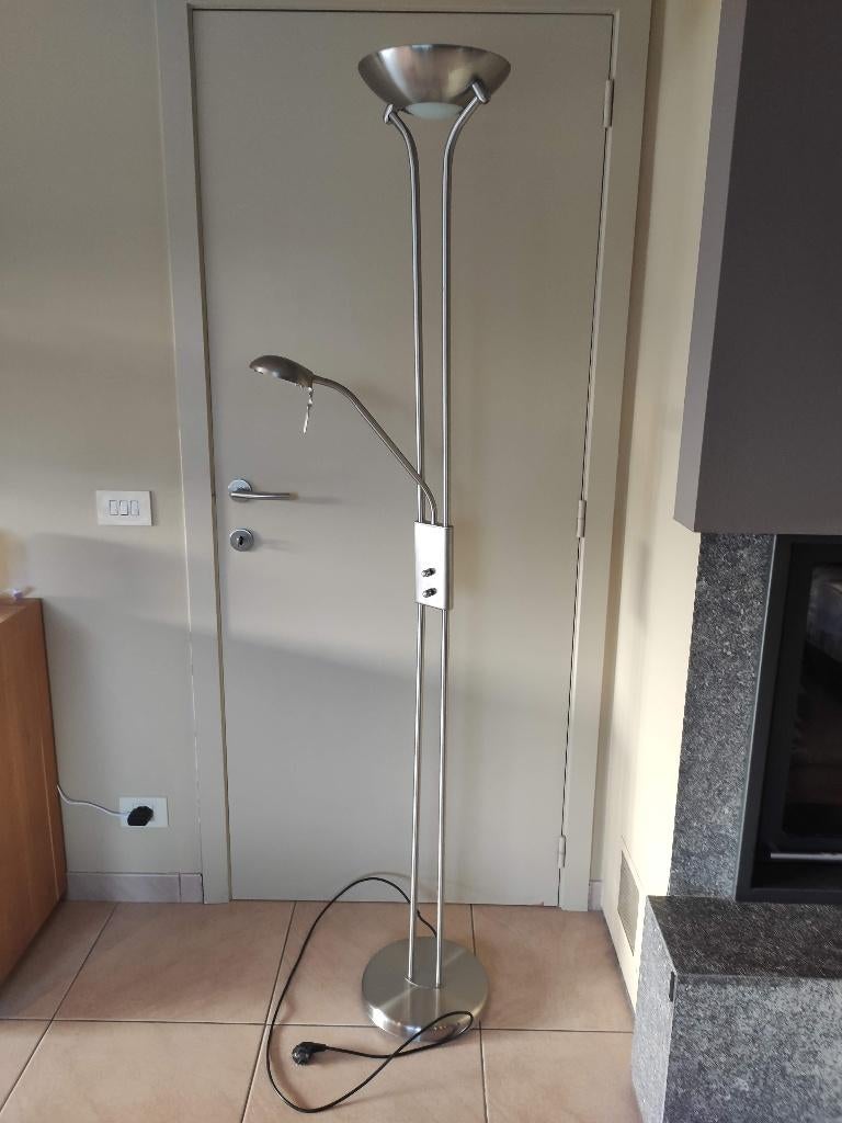 Vloerlamp met leeslamp, 2 lampen, inox, Huis en Inrichting, Lampen | Vloerlampen, Ophalen, Gebruikt, Metaal, 150 tot 200 cm