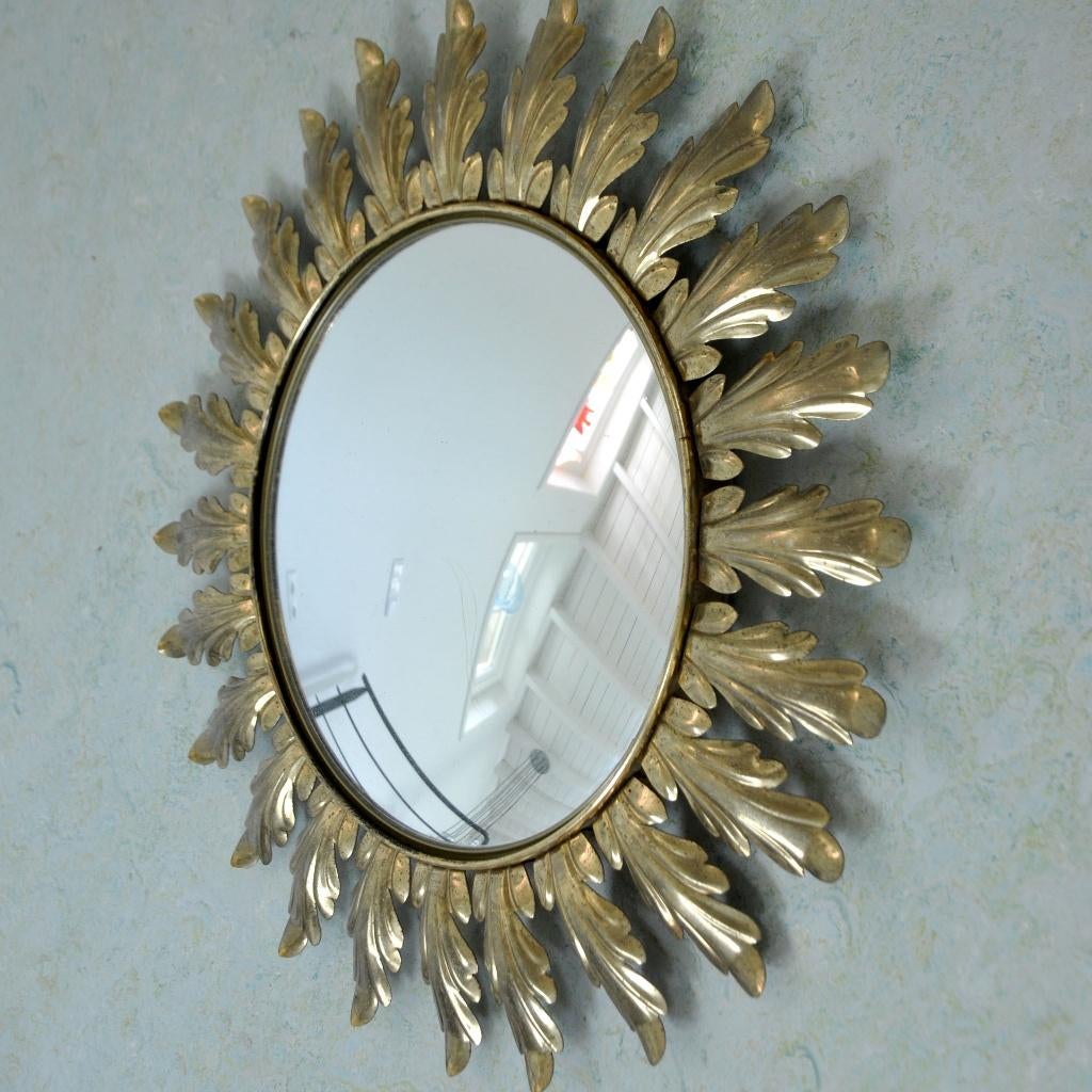 Vintage Deknudt 1960  - Brass bolle zonnespiegel (Belgisch), Antiek en Kunst, Antiek | Spiegels, 50 tot 100 cm, Minder dan 100 cm
