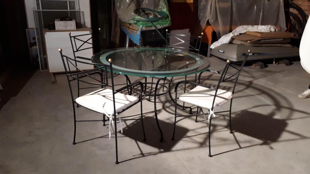 Ronde ijzeren glazen tafel + 4 stoelen, Ophalen, Gebruikt, Rond, Glas