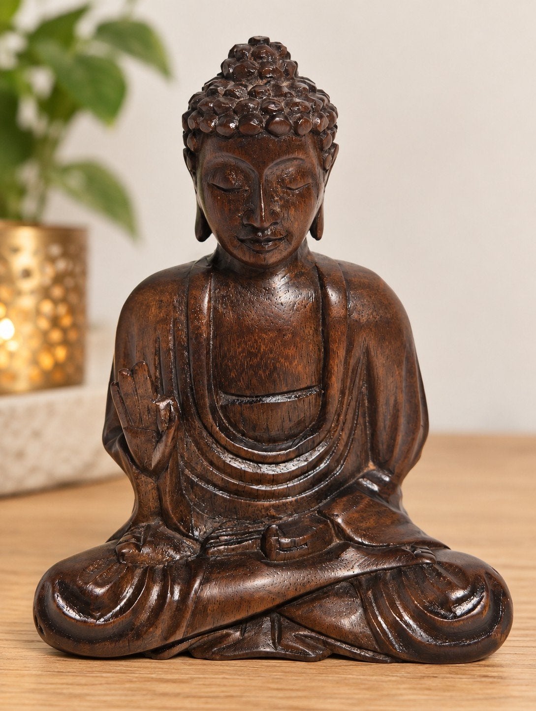 Houten Boeddha Beeldje 10 cm Vitarka Mudra Gebaar van Onderw, Huis en Inrichting, Woonaccessoires | Boeddhabeelden, 10 cm, Ophalen of Verzenden