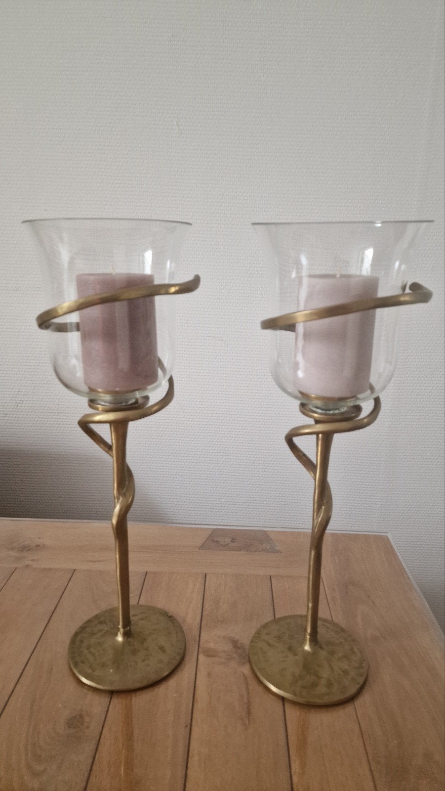 Koppel windlichten / kandelaars ( brons ), Ophalen, Glas