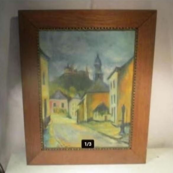 Mooi Oud Geschilderd Werk 'Stadje en Burcht' - Gesigneerd, Antiek en Kunst, Doek, Ophalen of Verzenden, Bijzondere lijst, Olieverf