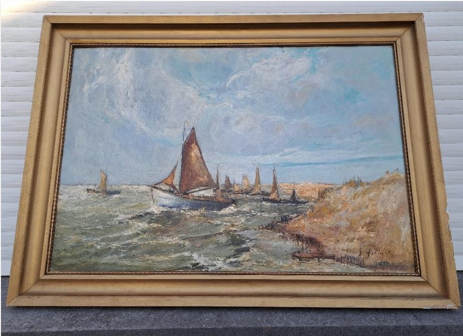 huile sur panneau marine signe gustave helinck, Antiquités & Art, Enlèvement, Panneau