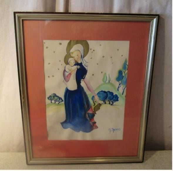 Belle aquarelle peinte à l'ancienne « Mère et enfant » Spaas, Enlèvement ou Envoi