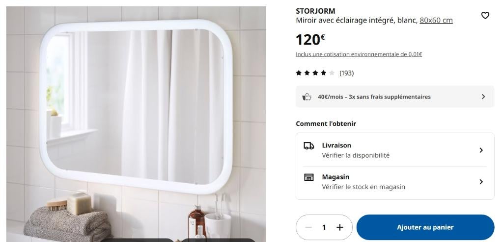 NOUVEAU Miroir IKEA STORJORM avec éclairage intégré, Enlèvement, Neuf
