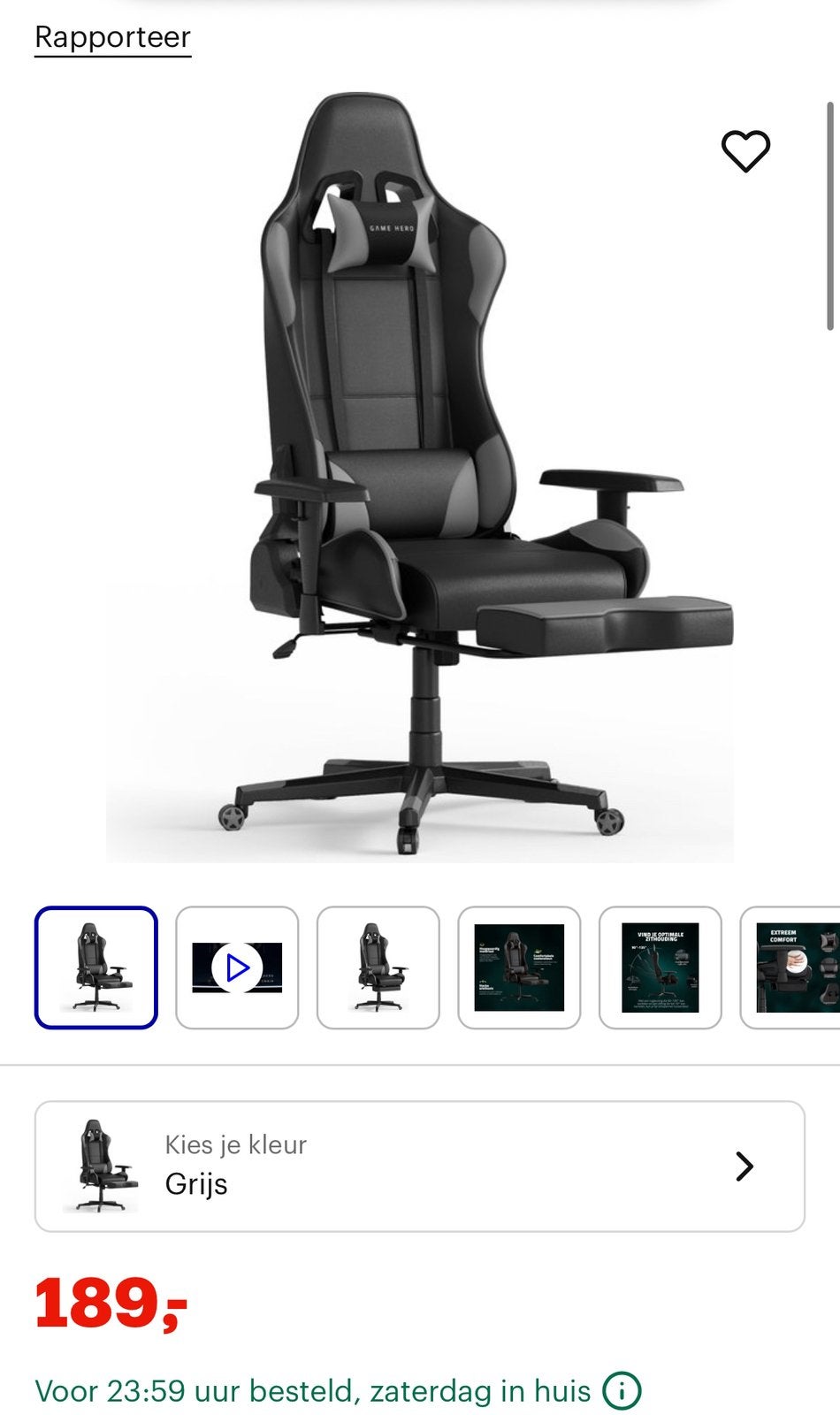 Gamingstoel met Voetsteun GAME HERO Winner X1, Huis en Inrichting, Ophalen, Ergonomisch, Zo goed als nieuw, Grijs