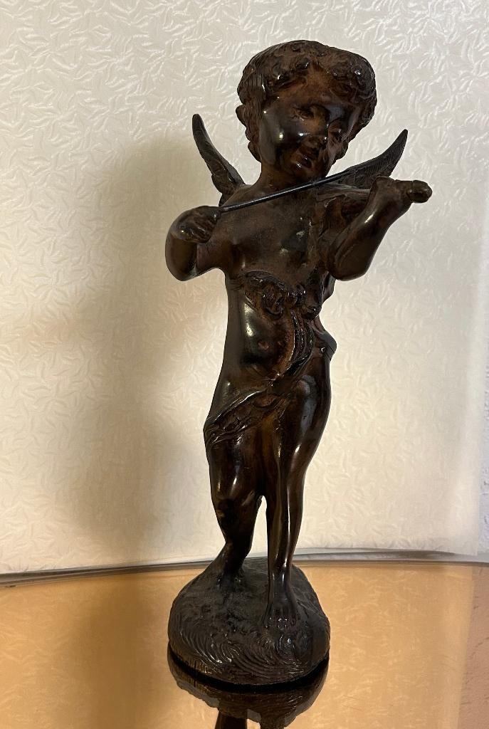 bronze signé  Angelot au violon  Statuette 30 cm  sculpture, Antiquités & Art, Enlèvement ou Envoi