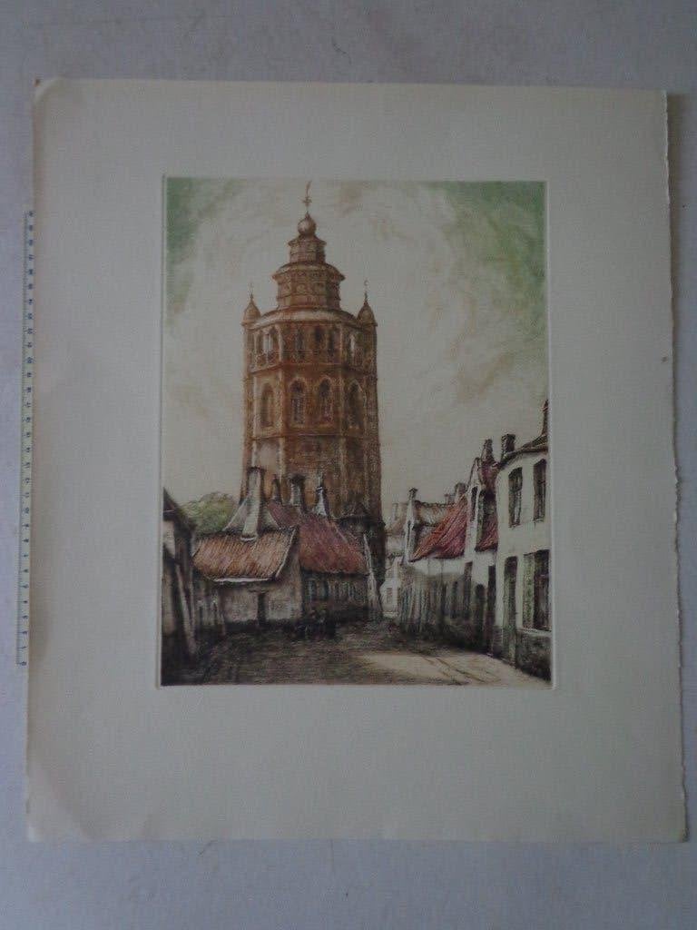 kleurets "Martini-toren Groningen" Antoon J. Van Hoecke", Antiek en Kunst, Kunst | Etsen en Gravures, Ets, Met monogram, Stadsgezicht
