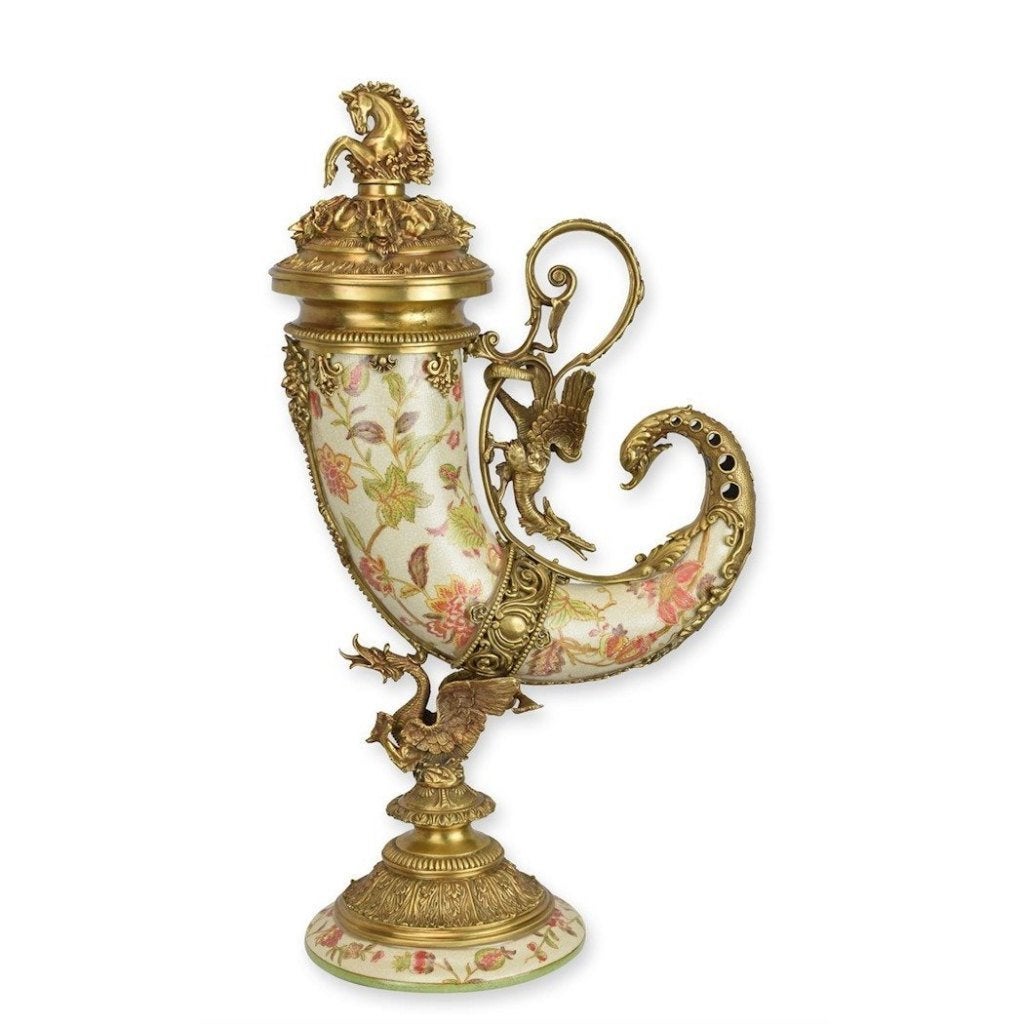 Exclusieve Porseleinen horn met Verfijnde Bronzen Details, Verzenden, Art nouveau, 50 - 100 cm, Brons