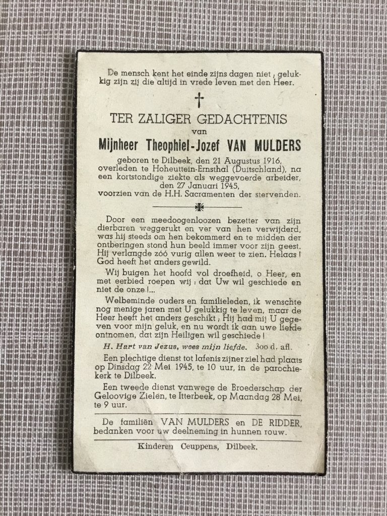 Victime de guerre Van Mulders Dilbeek +Allemagne 1945, Envoi, Image pieuse