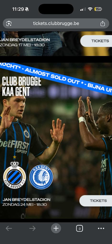 Club Brugge aa Gent, Tickets en Kaartjes, Sport | Voetbal, Losse kaart, Eén persoon, Mei