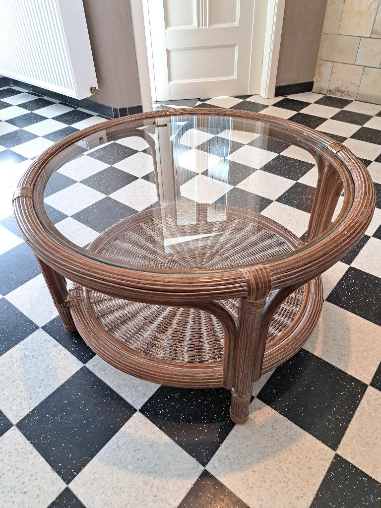 Rotan salontafel, Ophalen, Gebruikt, Glas, Rond