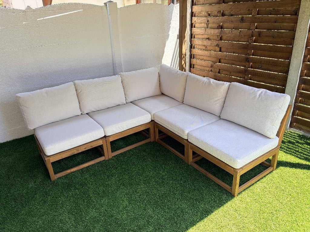 Volledig tuinset (zithoek + kussens), Tuin en Terras, Tuinbanken, Gebruikt, Hout, Ophalen