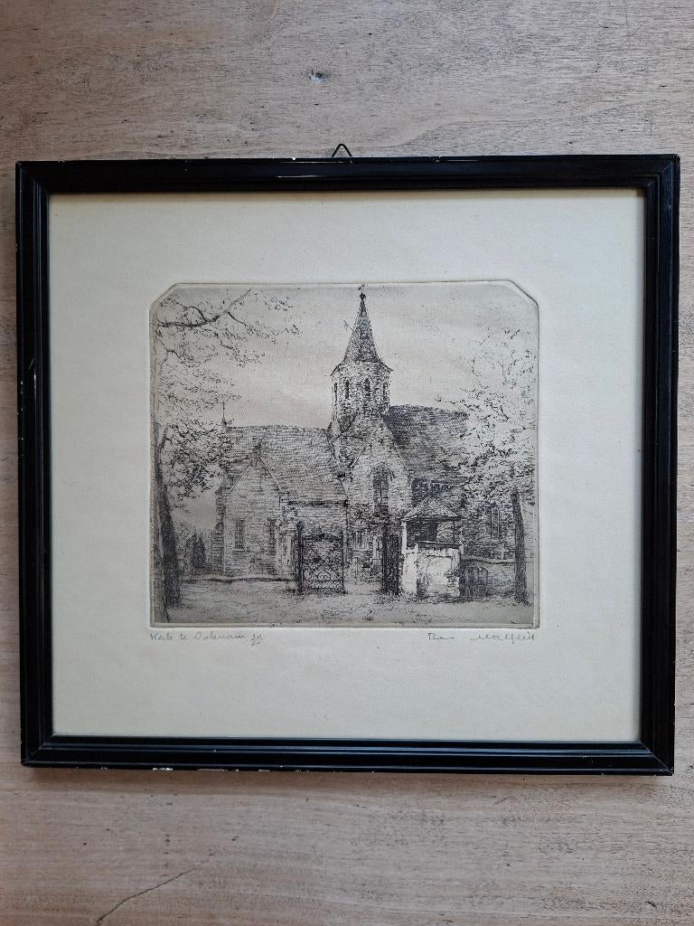 Ets “Kerk te Daknam” – Romain Malfliet – 30/50, Antiek en Kunst, Ophalen, 34 cm, Ets, Ingelijst