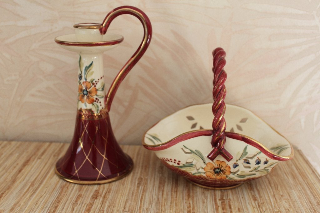 vintage Flora aardewerken kaarshouder en mandenset, Huis en Inrichting, Woonaccessoires | Kandelaars en Kaarsen, Ophalen of Verzenden