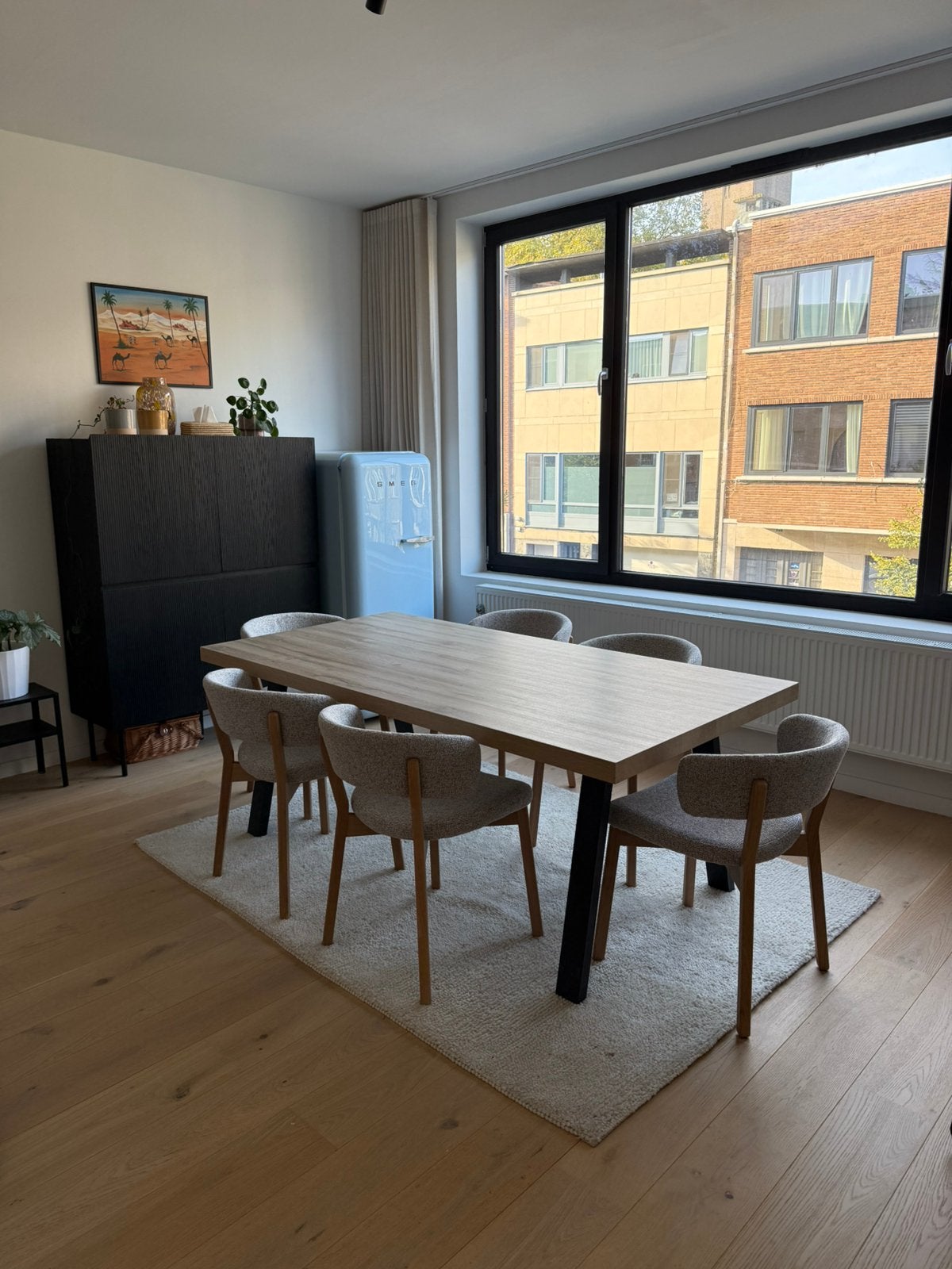 Moderne eettafel eik - zwart metalen onderstel - 6 personen, Ophalen, Gebruikt, 100 tot 150 cm, Scandinavisch / Modern