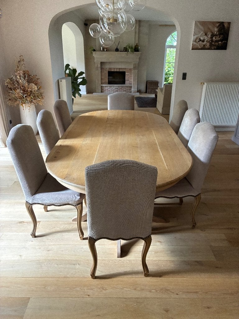 Tafel en 10 stoelen, Ophalen, Gebruikt, 100 tot 150 cm, Eikenhout