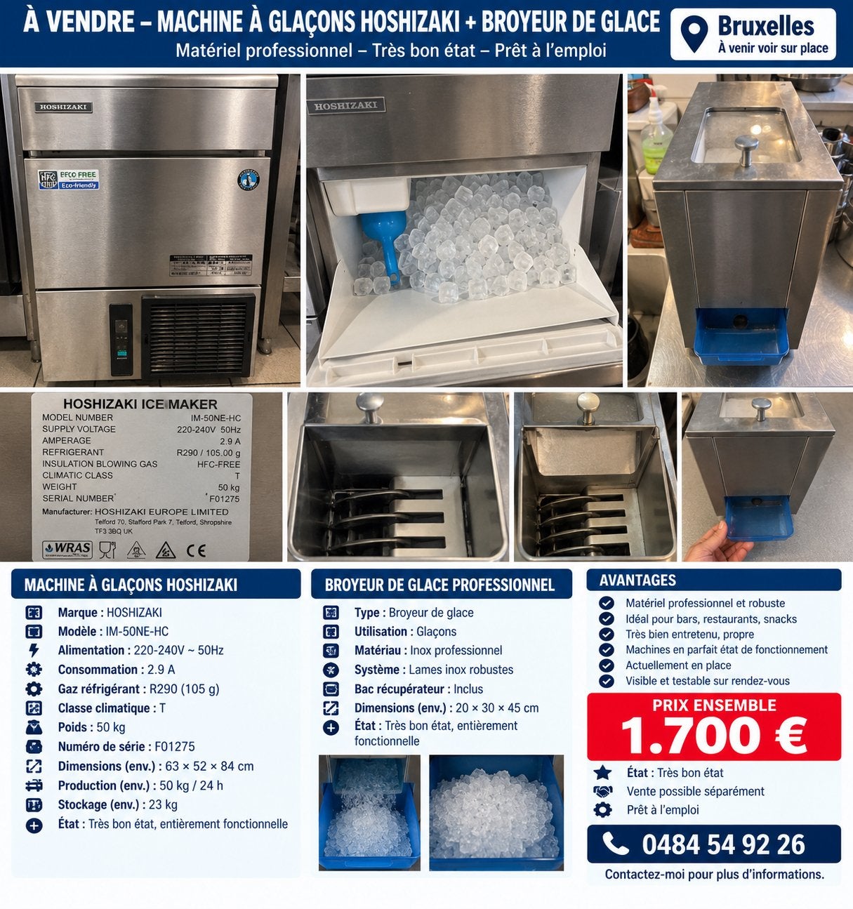 À VENDRE–MACHINE ÀGLAÇONS HOSHIZAKI+BROYEUR DEGLACE PRO1700€, Enlèvement, Refroidissement et Congélation