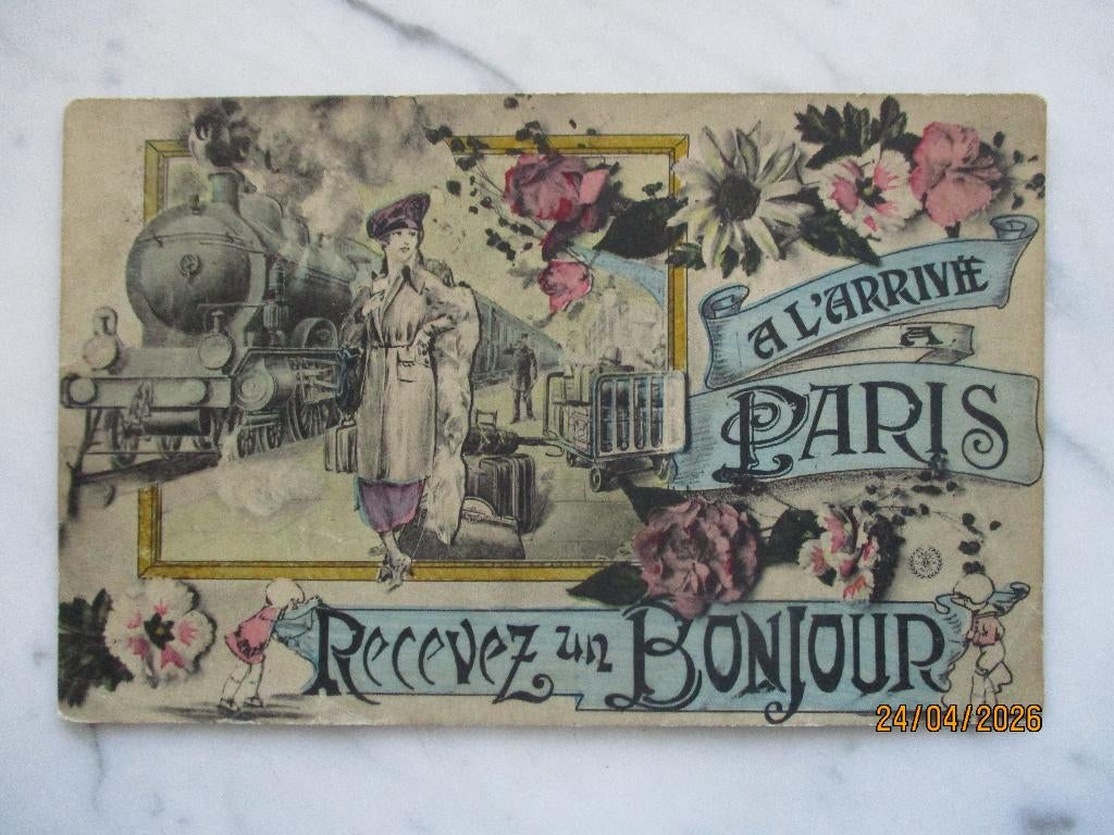 Parijs goedendag stoomtrein vrouw bagage bloemen, Verzenden, Voor 1920, Gelopen, Voertuig