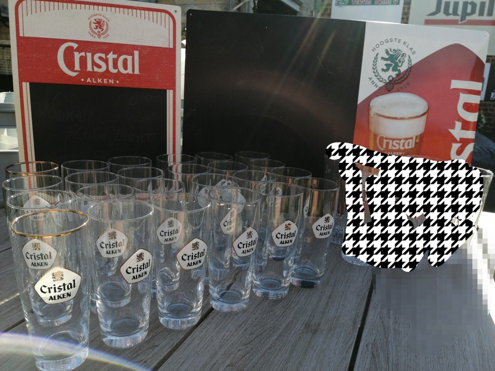 Lot cristal alken: 2 reclameborden + glazen, Verzamelen, Ophalen, Zo goed als nieuw, Reclamebord, Plaat of Schild, Overige merken