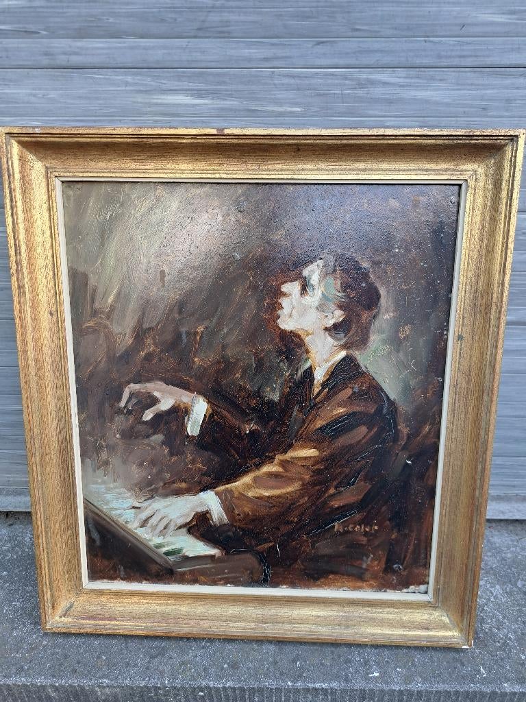 Huile sur panneau joueur de piano signe robert colot, Antiek en Kunst, Ophalen of Verzenden