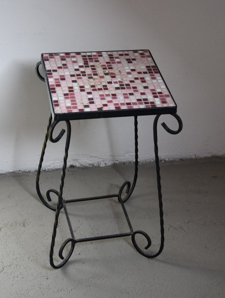 Vintage retro bijzettafel plantenstaander met mozaïek blad, Ophalen