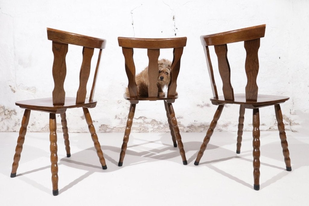 Set van 3 brutalist stoelen met gedraaide poten, Enlèvement