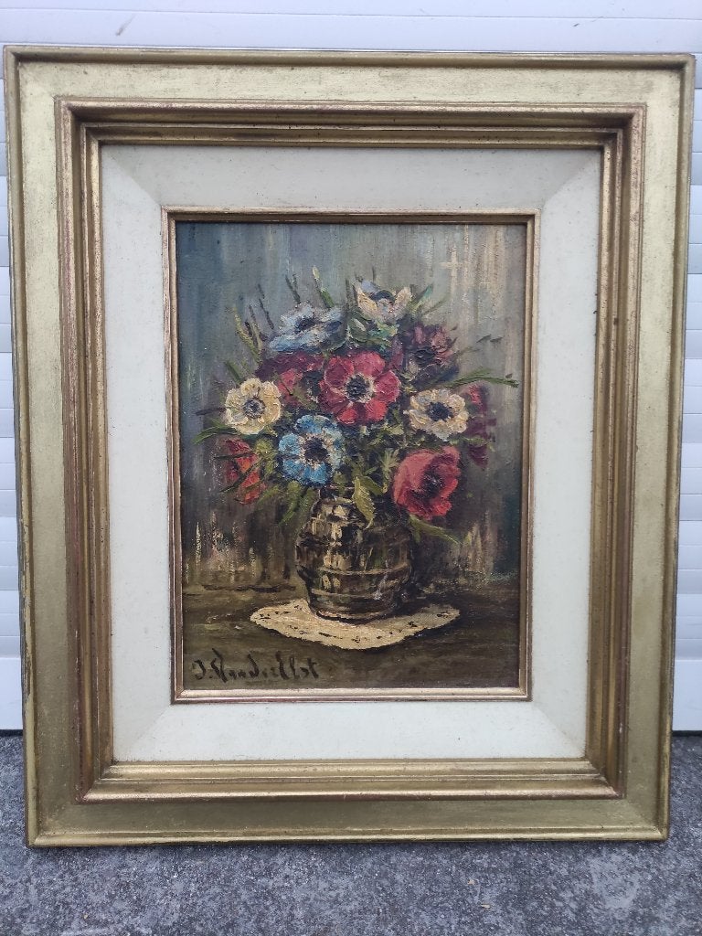 Huile sur panneau anémones variées signe j van der elst, Enlèvement ou Envoi, Panneau