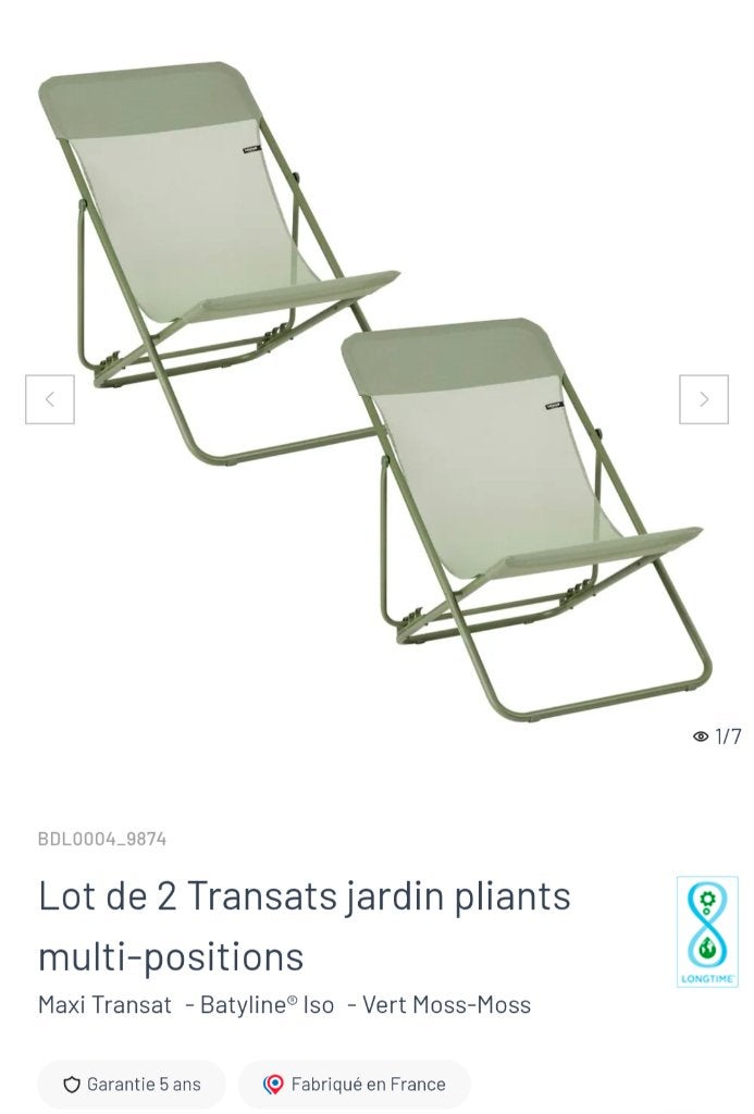 2 transats Lafuma neufs, Jardin & Terrasse, Chaises longues, Enlèvement, Neuf, Métal, Mobile