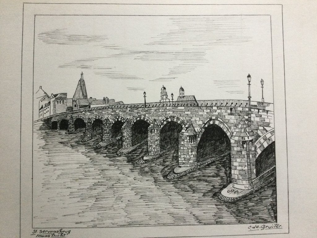 Antieke pentekening C.de.Gruiter  St.Servaasbrug Maastricht, Antiquités & Art, Enlèvement ou Envoi, Dessin, Dessin à la plume